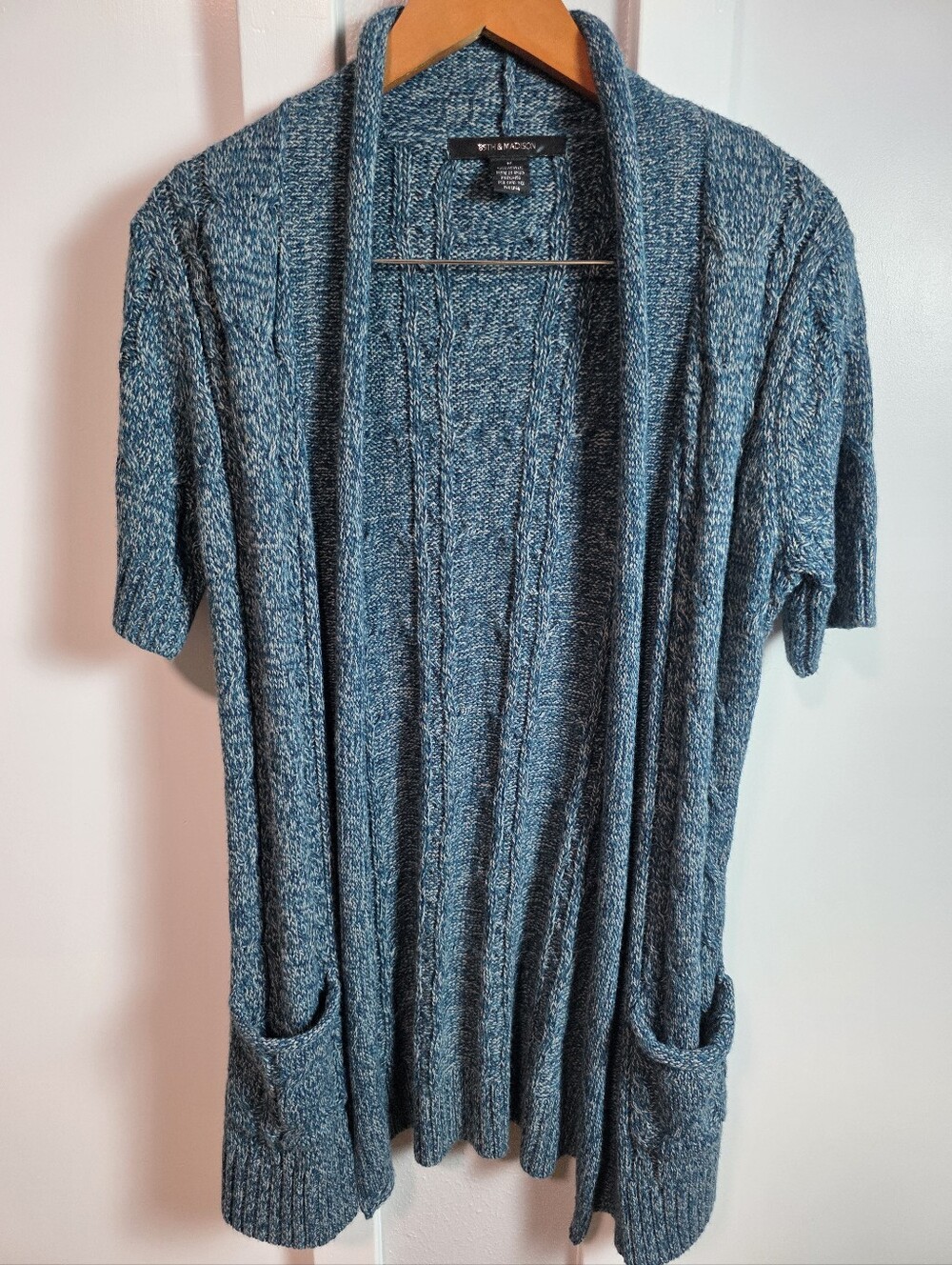 89th & Madison Women's Medium Teal Cable Knit Short Sleeve Open Front Cardigan